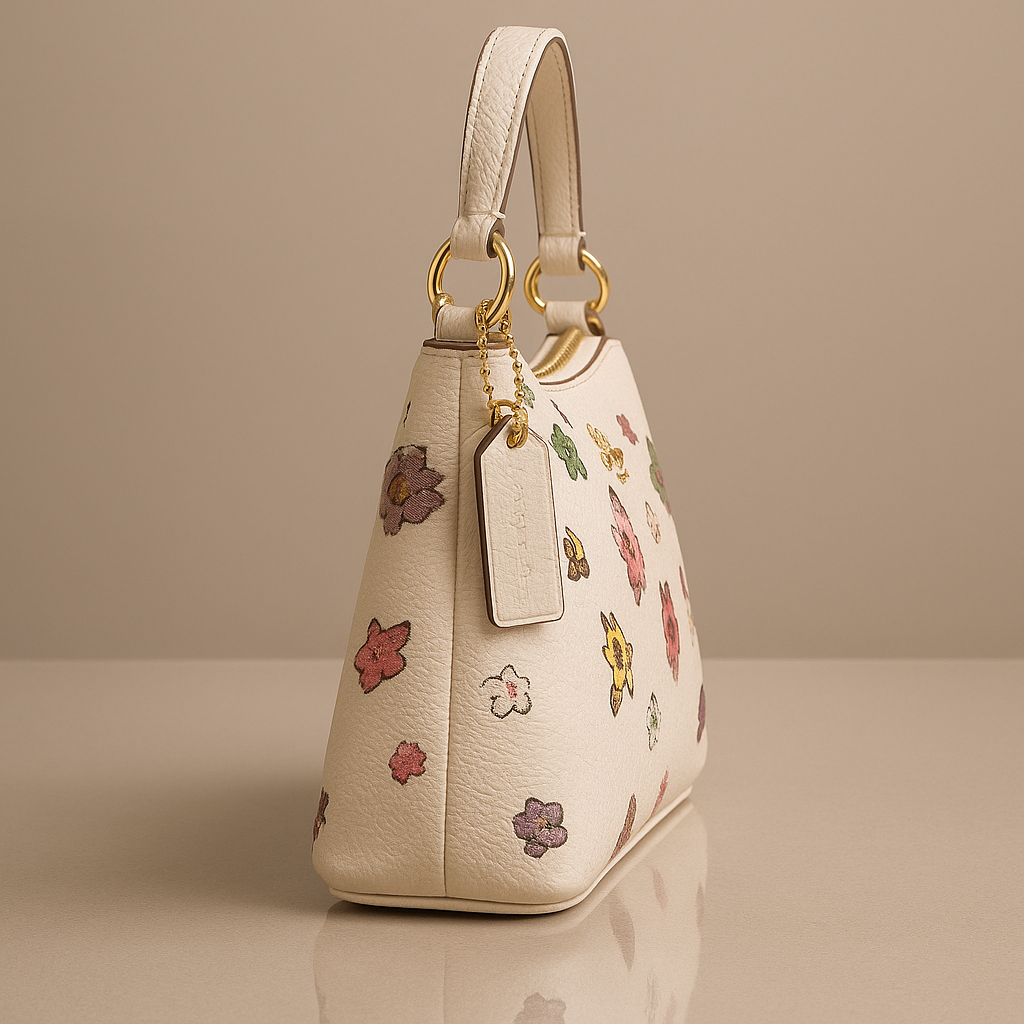 Coach Beige handbag with floral patterns on a beige background