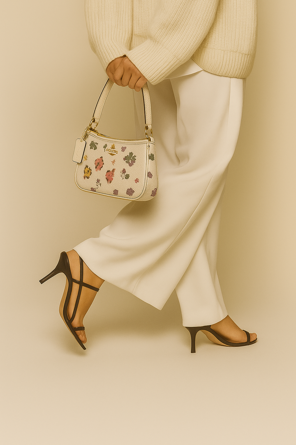 Person holding a coach floral handbag with a plain background