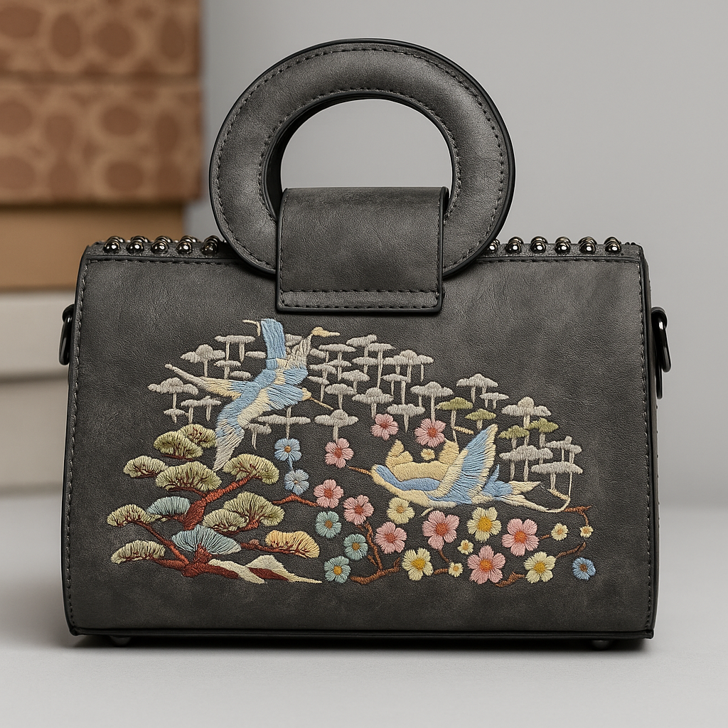 Dark gray handbag with embroidered birds and floral patterns on a neutral background