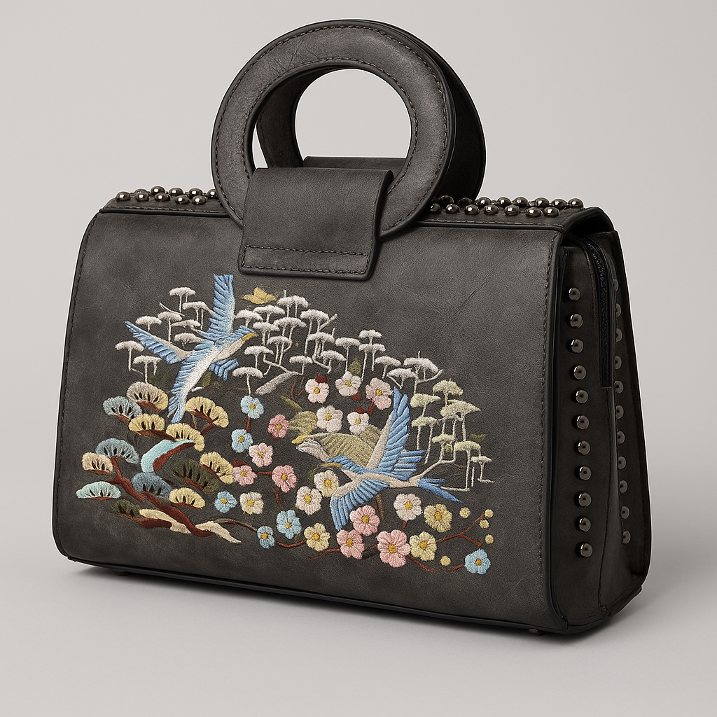 Black handbag with embroidered birds and floral patterns on a gray background