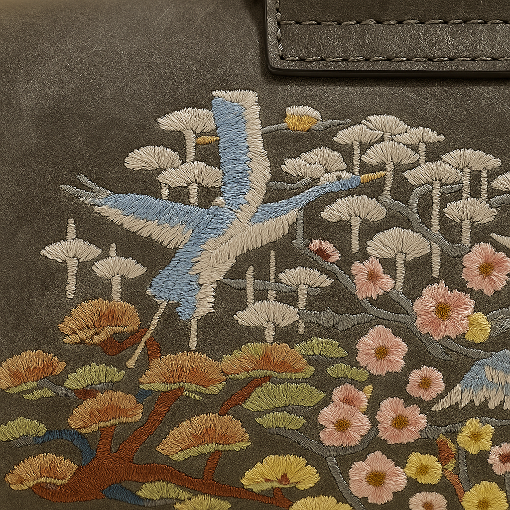 Embroidered design of a crane and flowers on a dark background