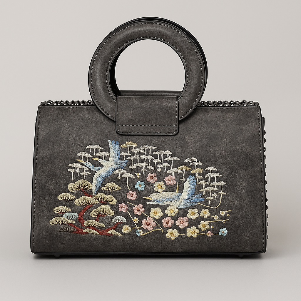 Black handbag with embroidered birds and flowers on a light gray background