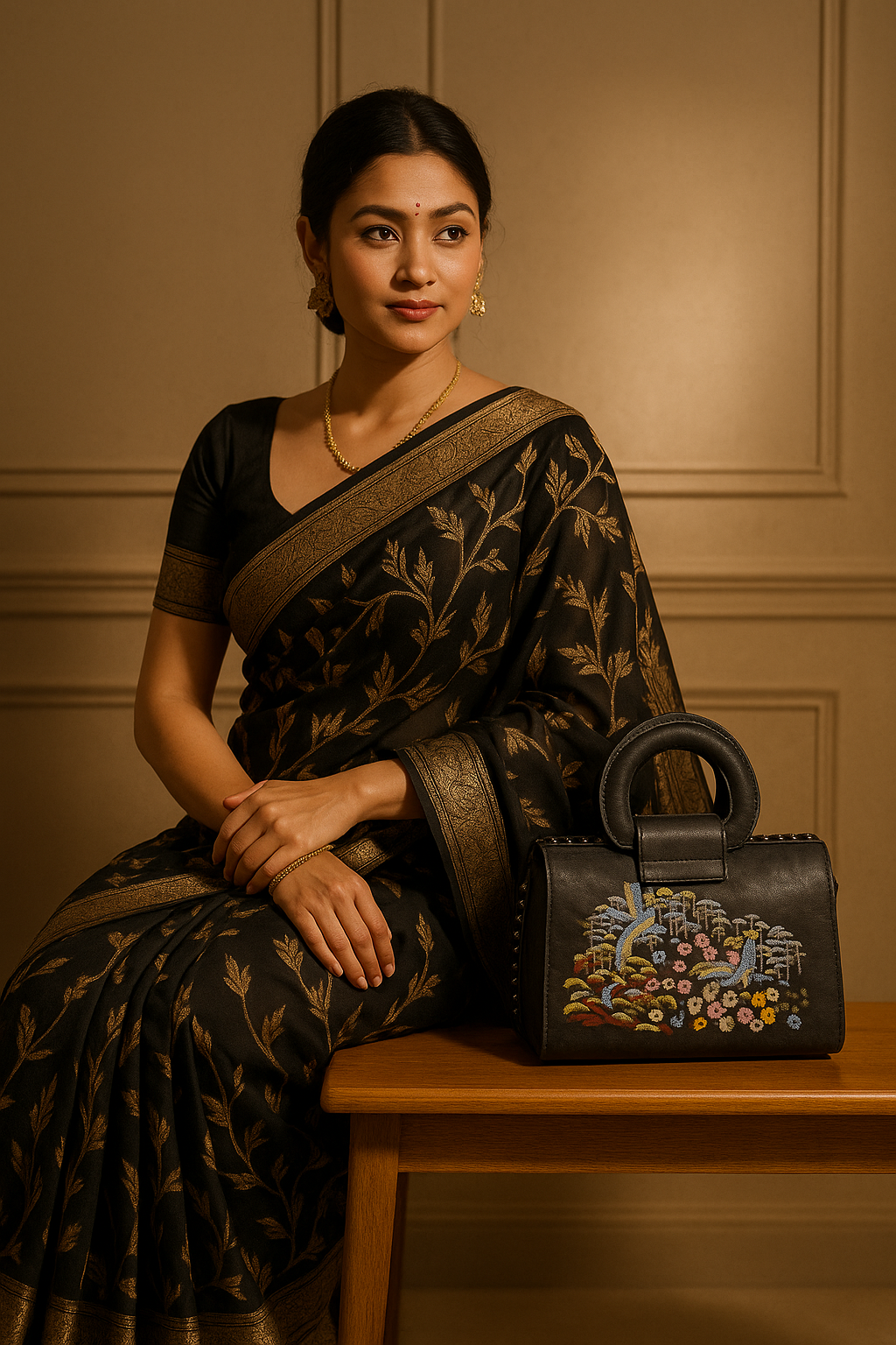 Woman in a traditional saree with a handbag on a wooden table against a beige wall.