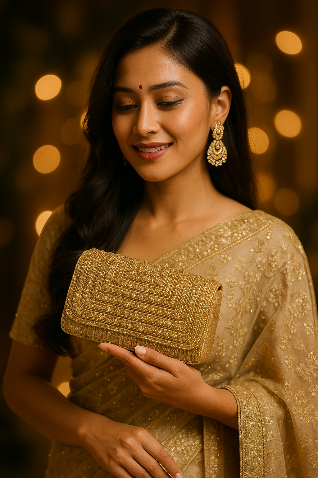 Woman holding a gold clutch with a warm, blurred background