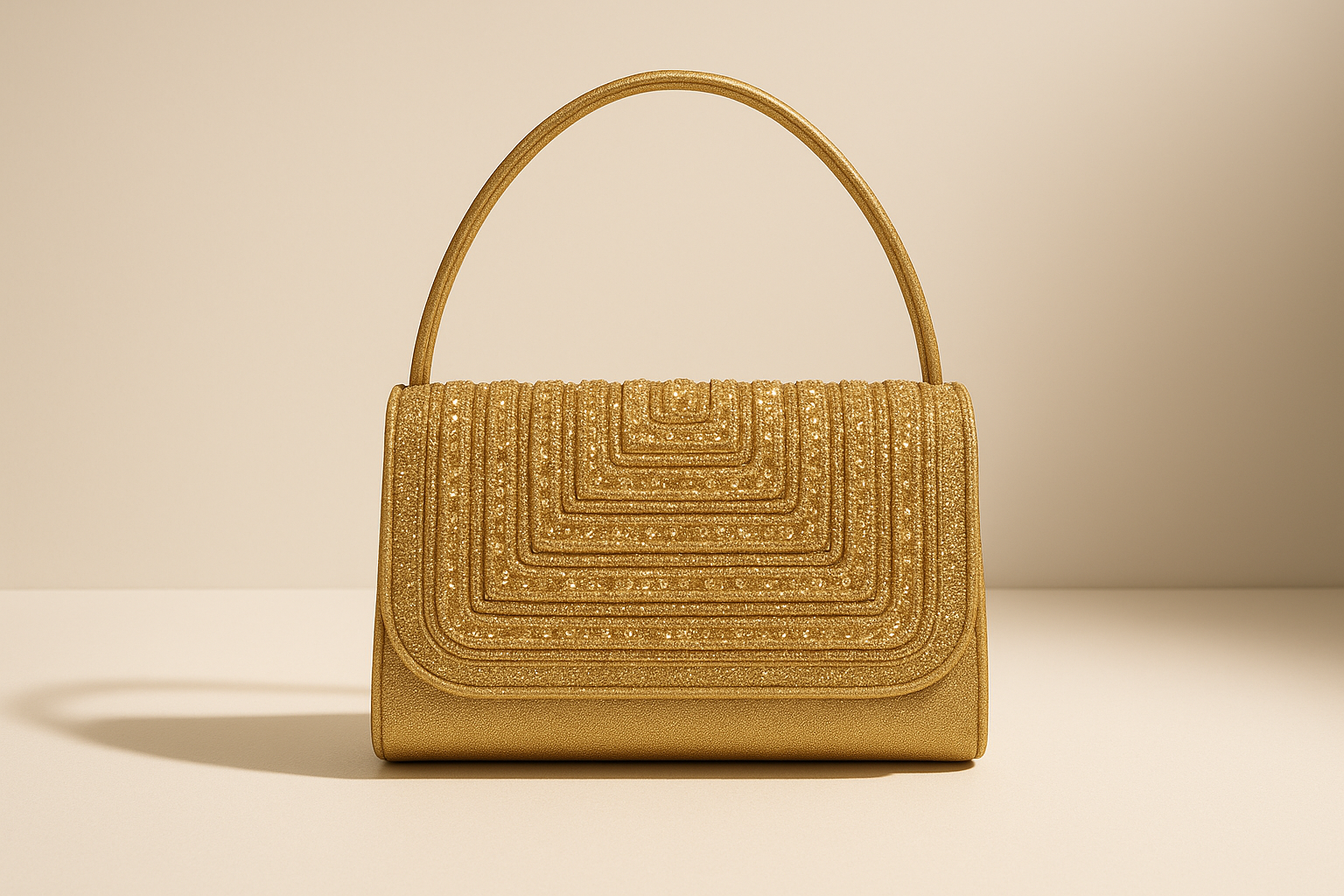 Gold handbag with intricate patterns on a beige background