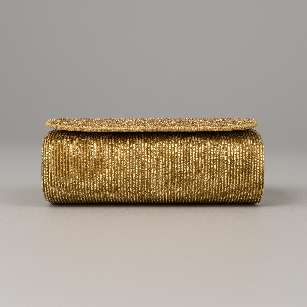 Gold clutch bag on a gray background