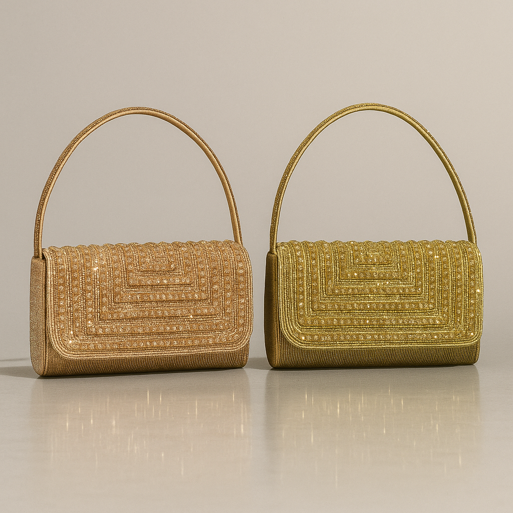 Two gold handbags with intricate designs on a neutral background