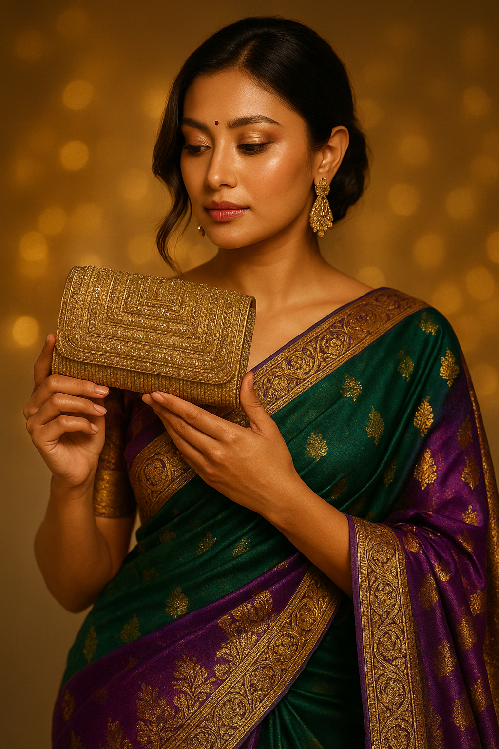 Woman in a traditional saree holding a gold clutch against a warm, blurred background