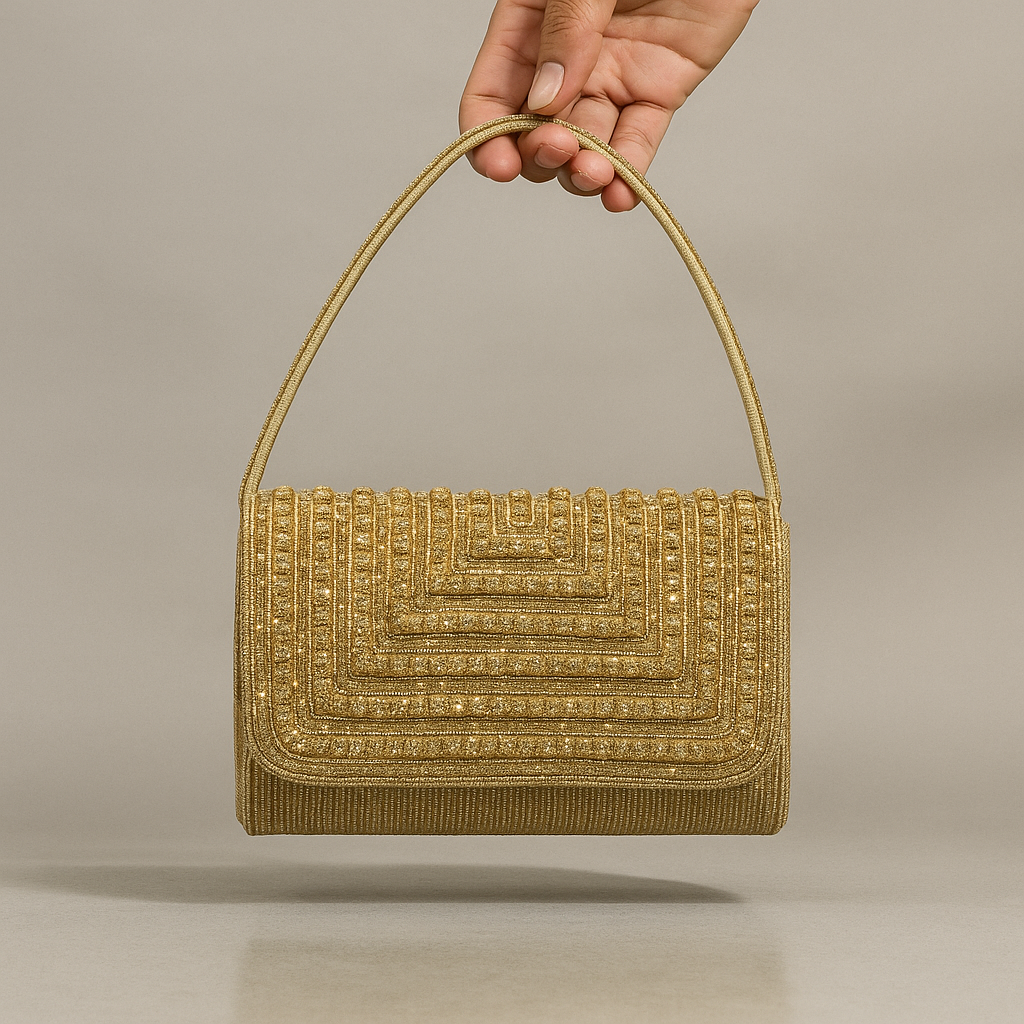 Gold textured handbag held by a hand against a neutral background