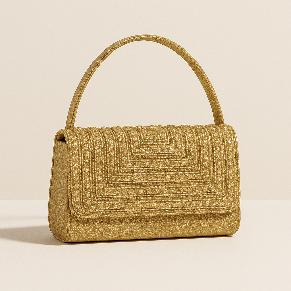 Gold handbag with intricate patterns on a beige background