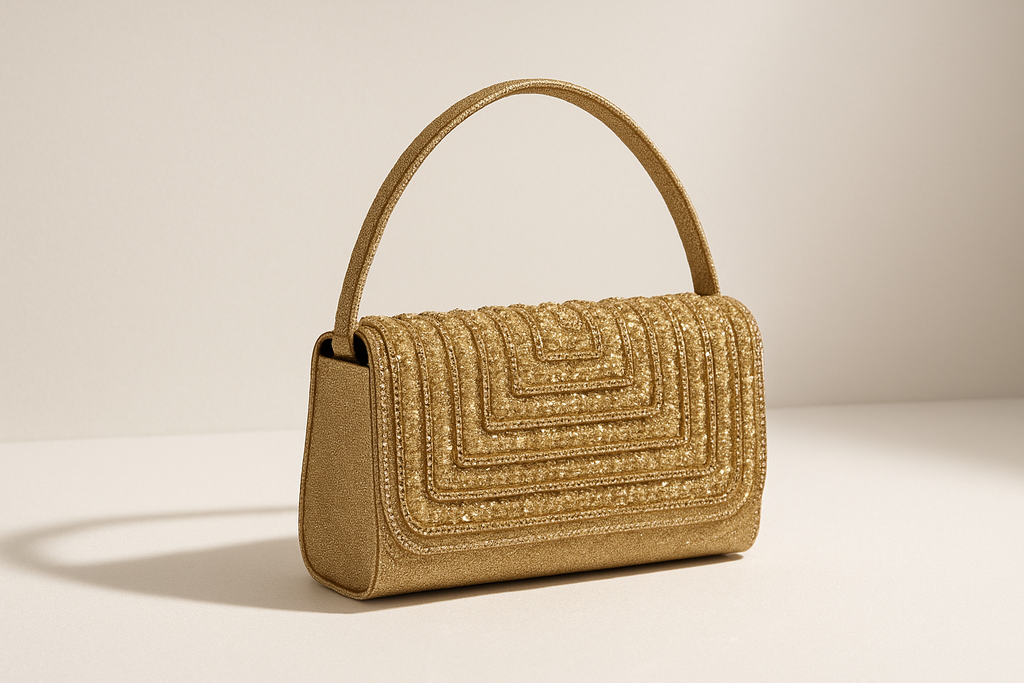 Gold handbag with textured design on a beige background