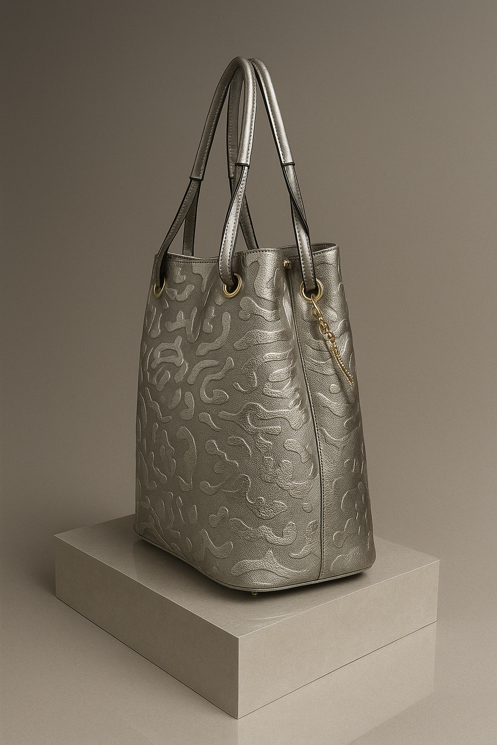 Silver textured handbag on a light gray pedestal against a beige background