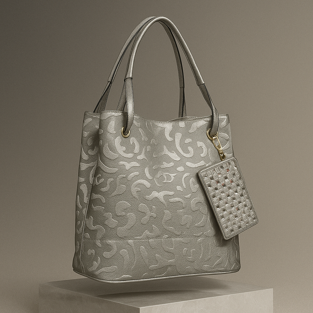 Gray patterned handbag with a matching tag on a neutral background