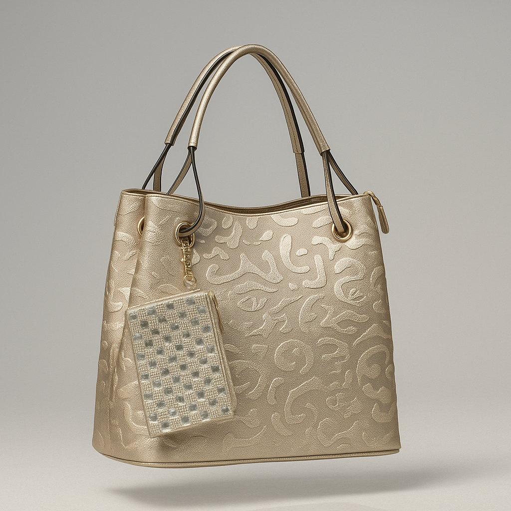Gold embossed handbag with a matching pouch on a gray background