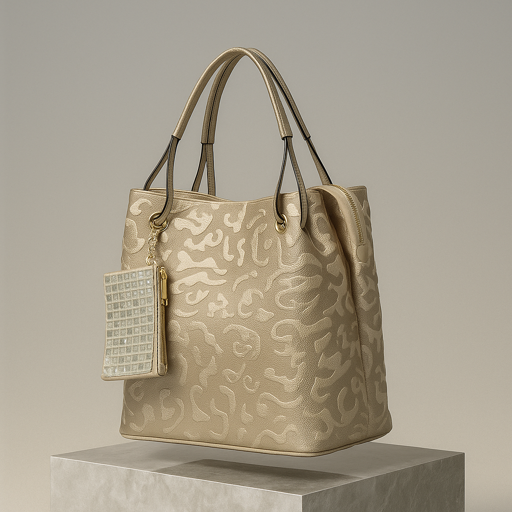 Beige handbag with intricate pattern on a neutral background