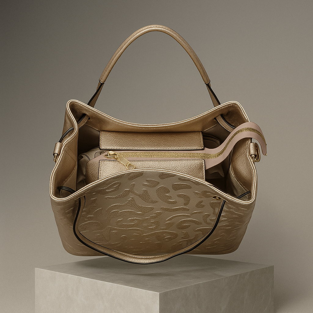 Gold handbag with intricate design on a gray background