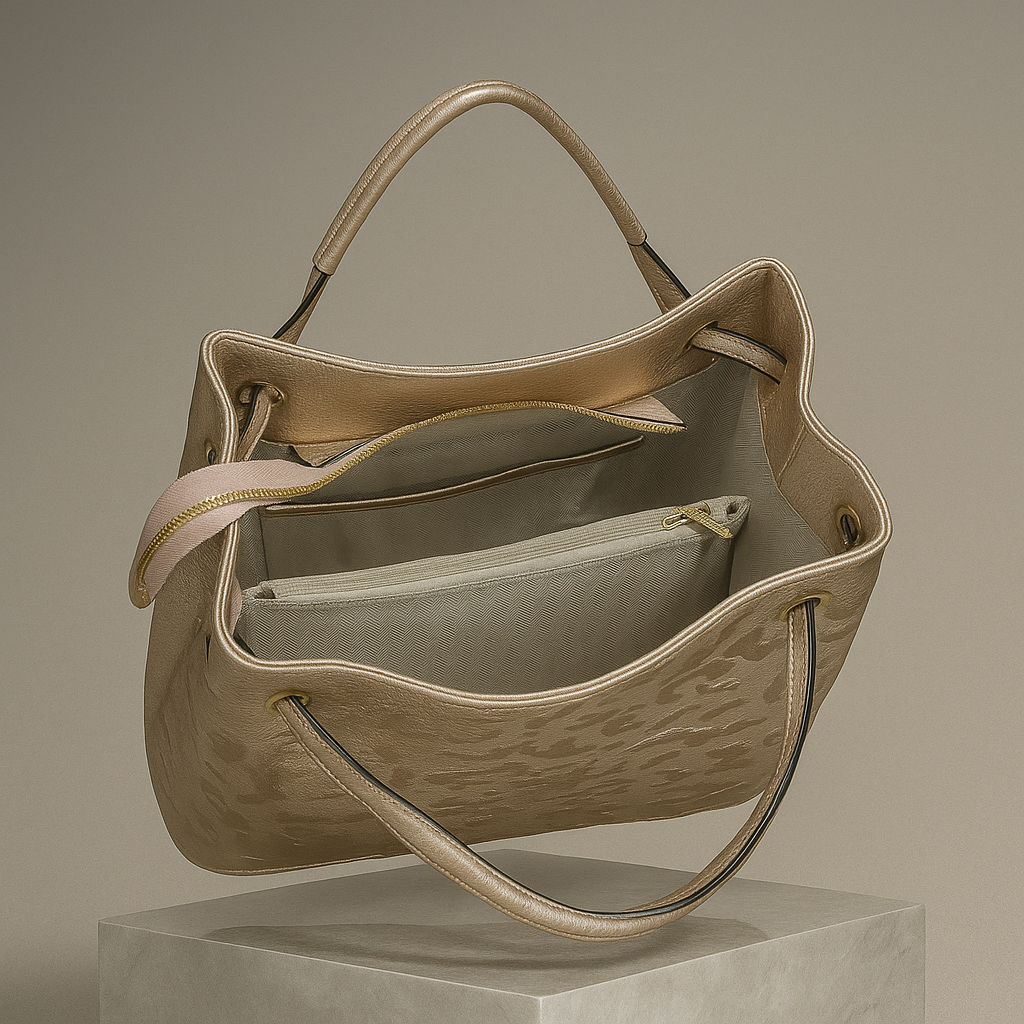 Beige handbag with a strap on a neutral background