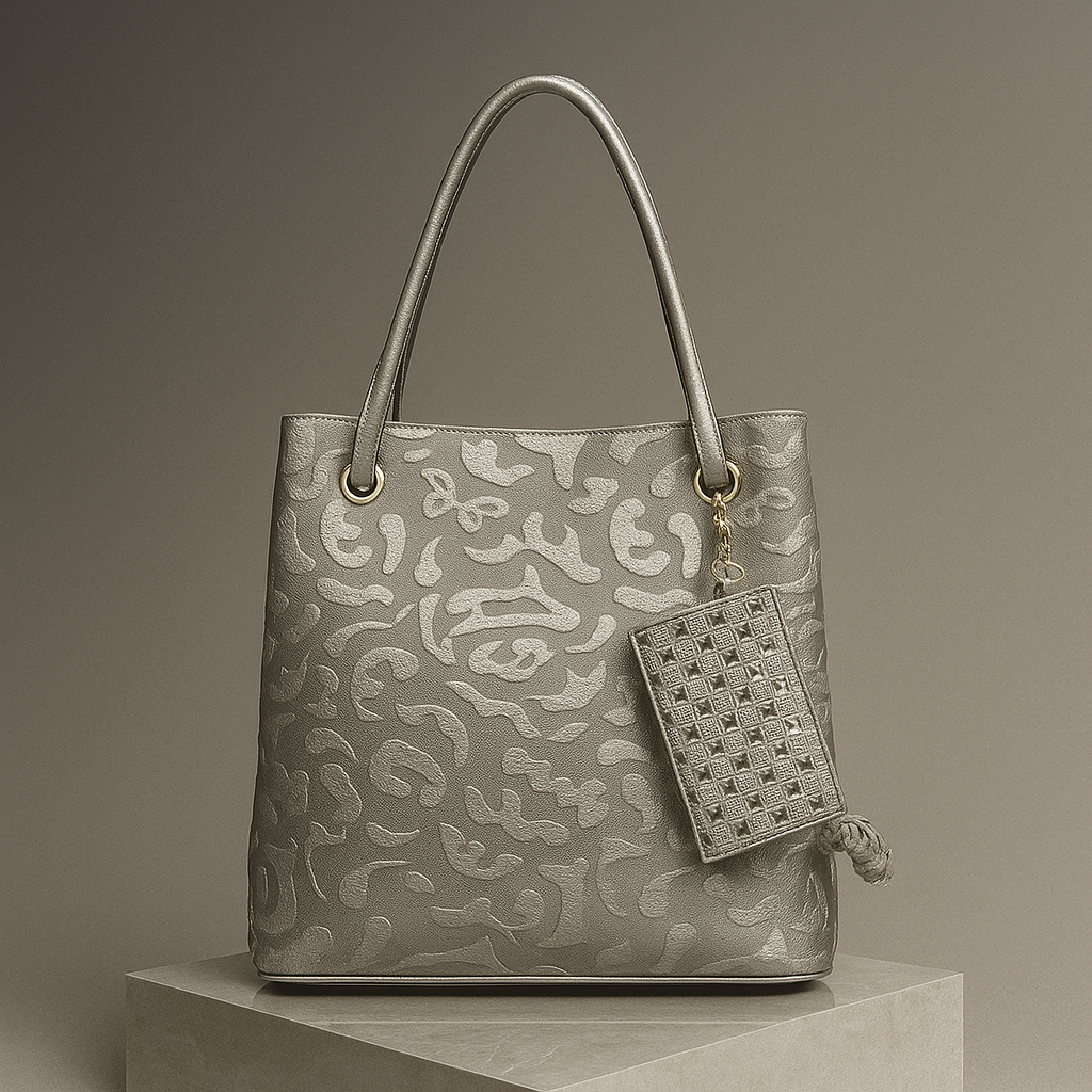 Gray patterned handbag with a matching keychain on a gray background
