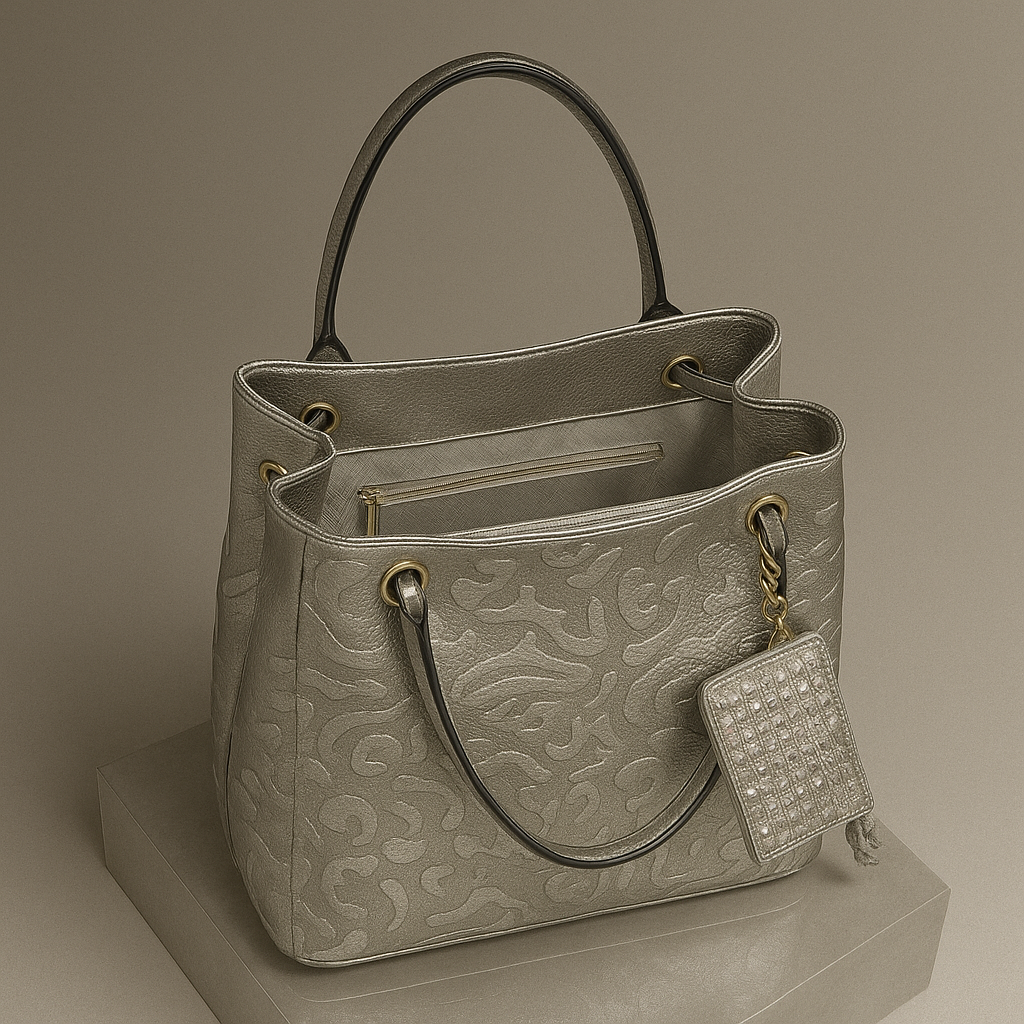Gray handbag with textured pattern and matching pouch on a neutral background