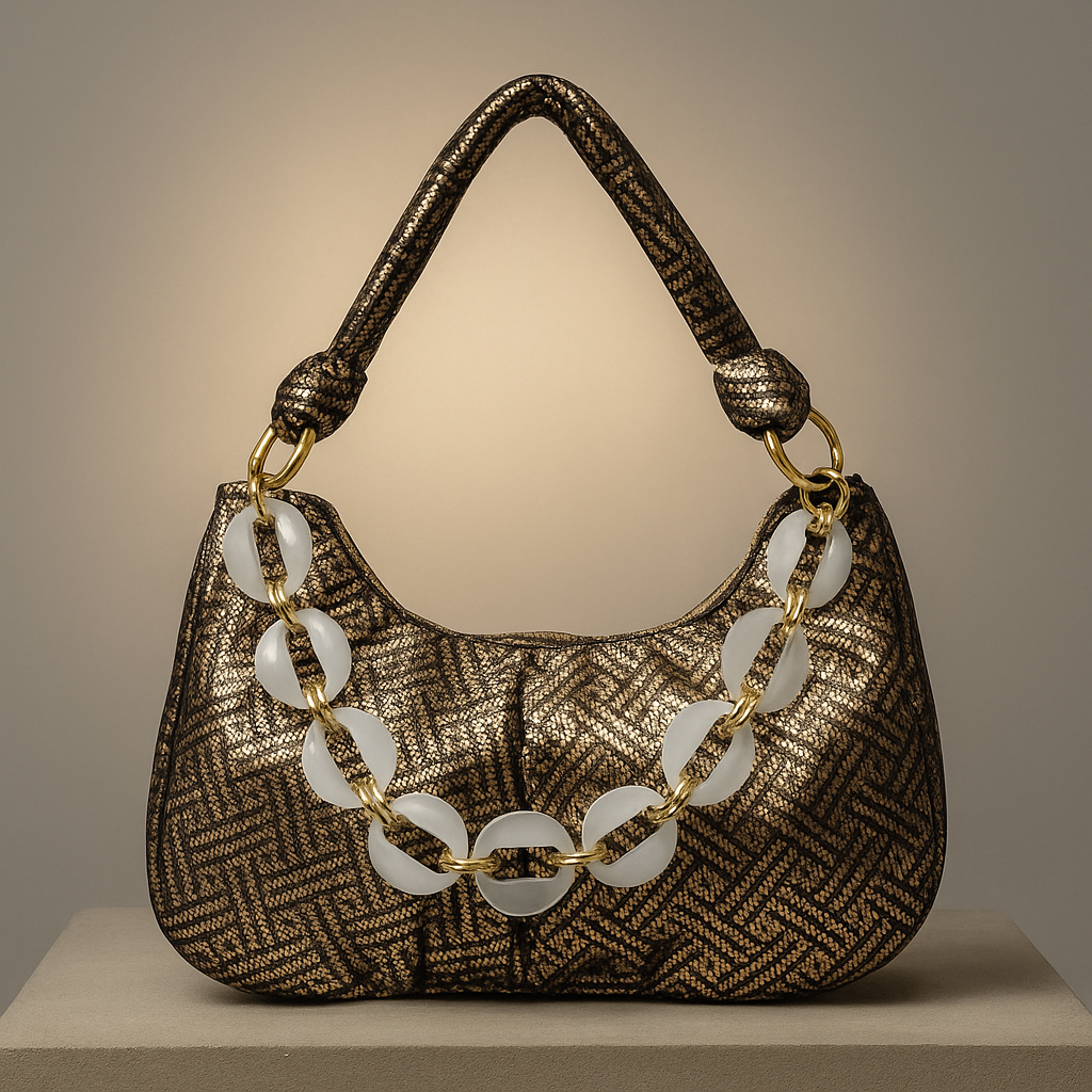 Designer handbag with gold chain and patterned handle on a neutral background- valentino impex