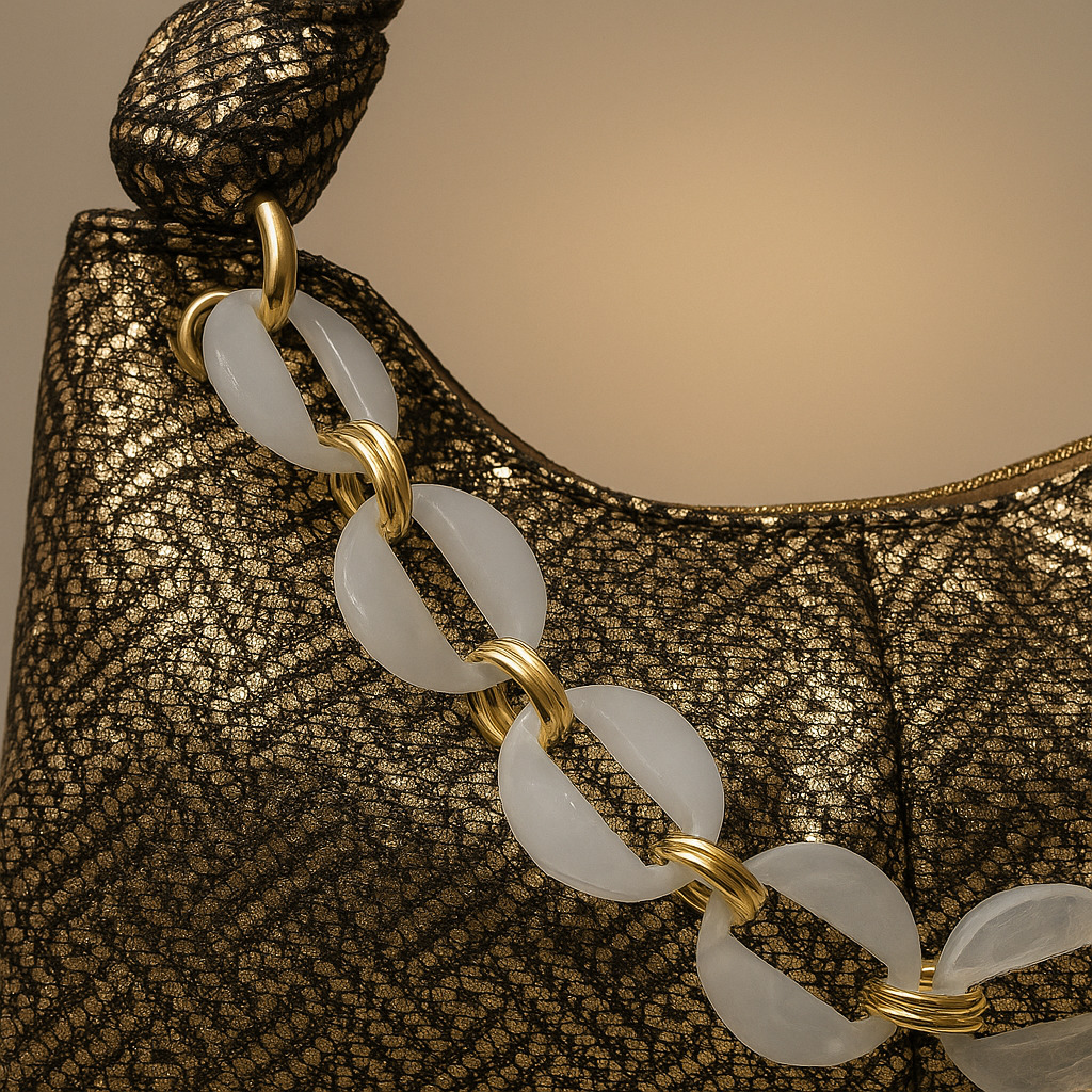 Close-up of a gold and white chain detail on a textured surface- Valentino impex