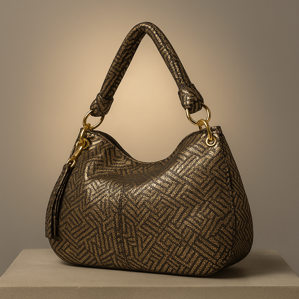 Gold patterned handbag on a neutral background- valentino impex