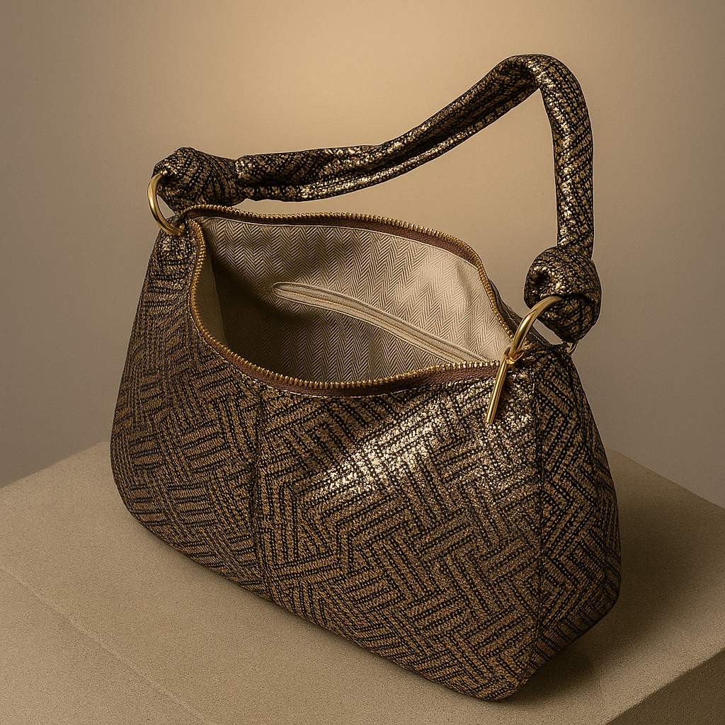 Patterned handbag with a gold handle on a beige surface- Valentino impex
