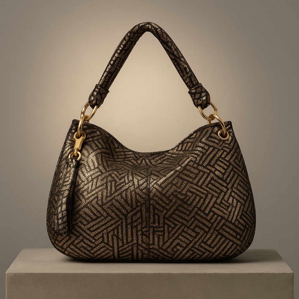 Patterned handbag with gold accents on a neutral background- Valentino impex