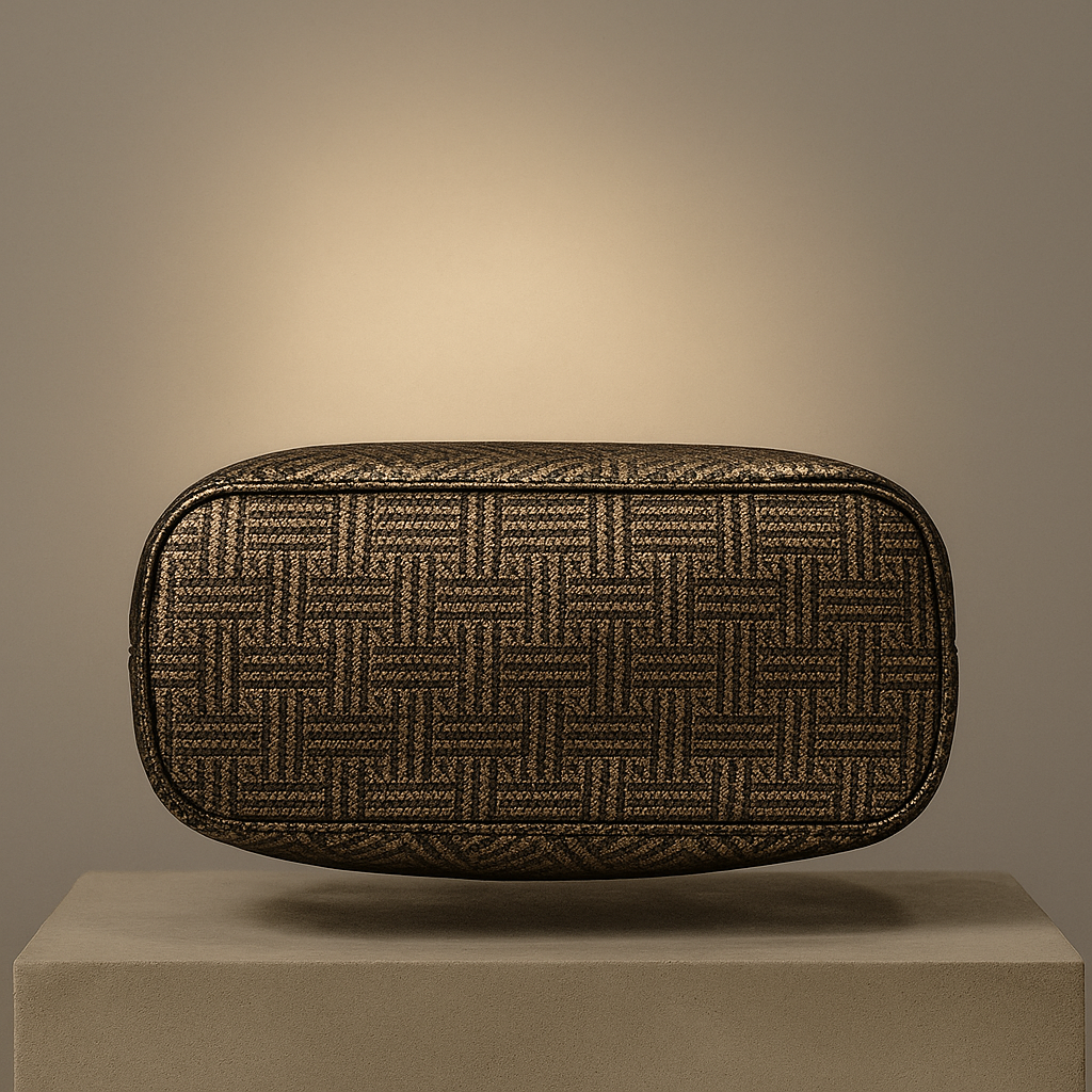 Rectangular woven clutch bag on a beige surface with a neutral background - Valentino Impex