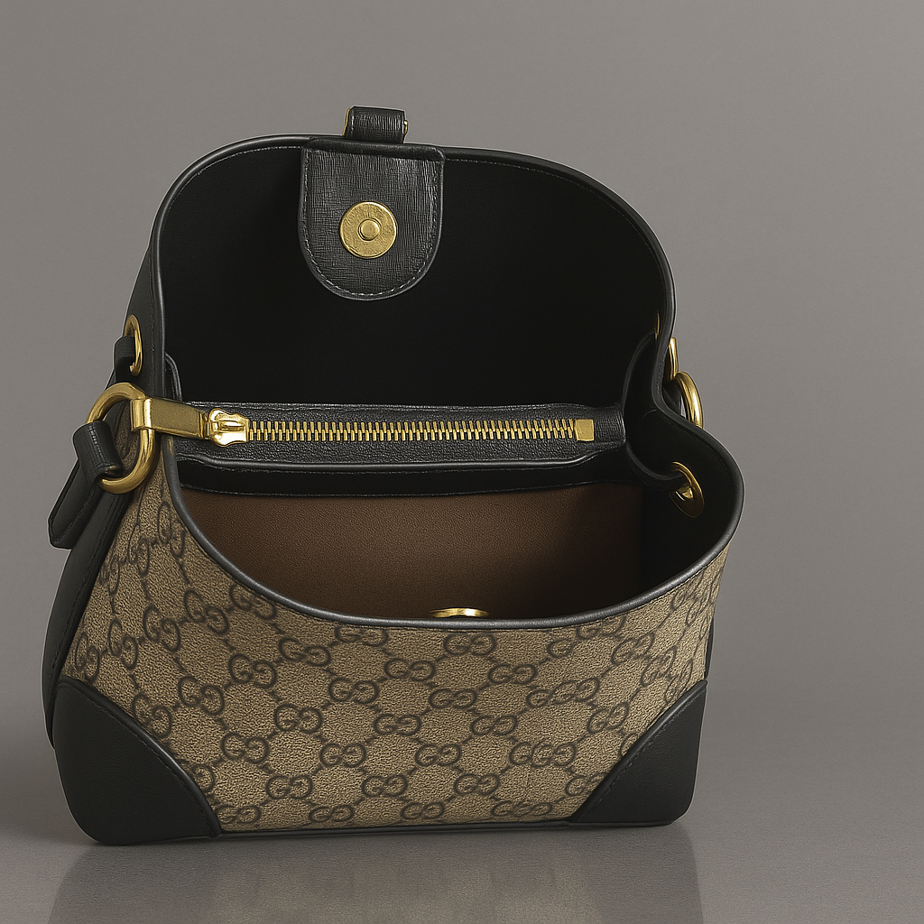 Designer handbag with patterned exterior and gold zipper on a gray background