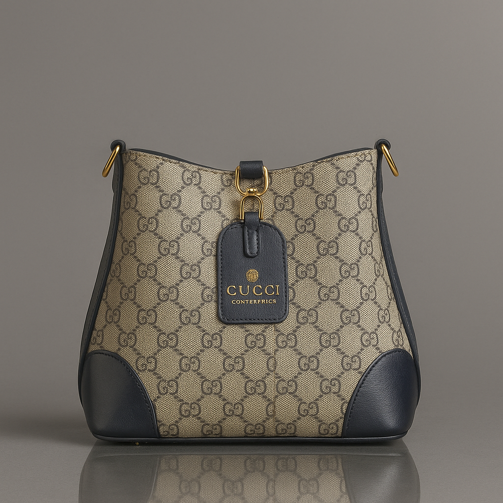 Gucci handbag with patterned design and visible logo on a gray background