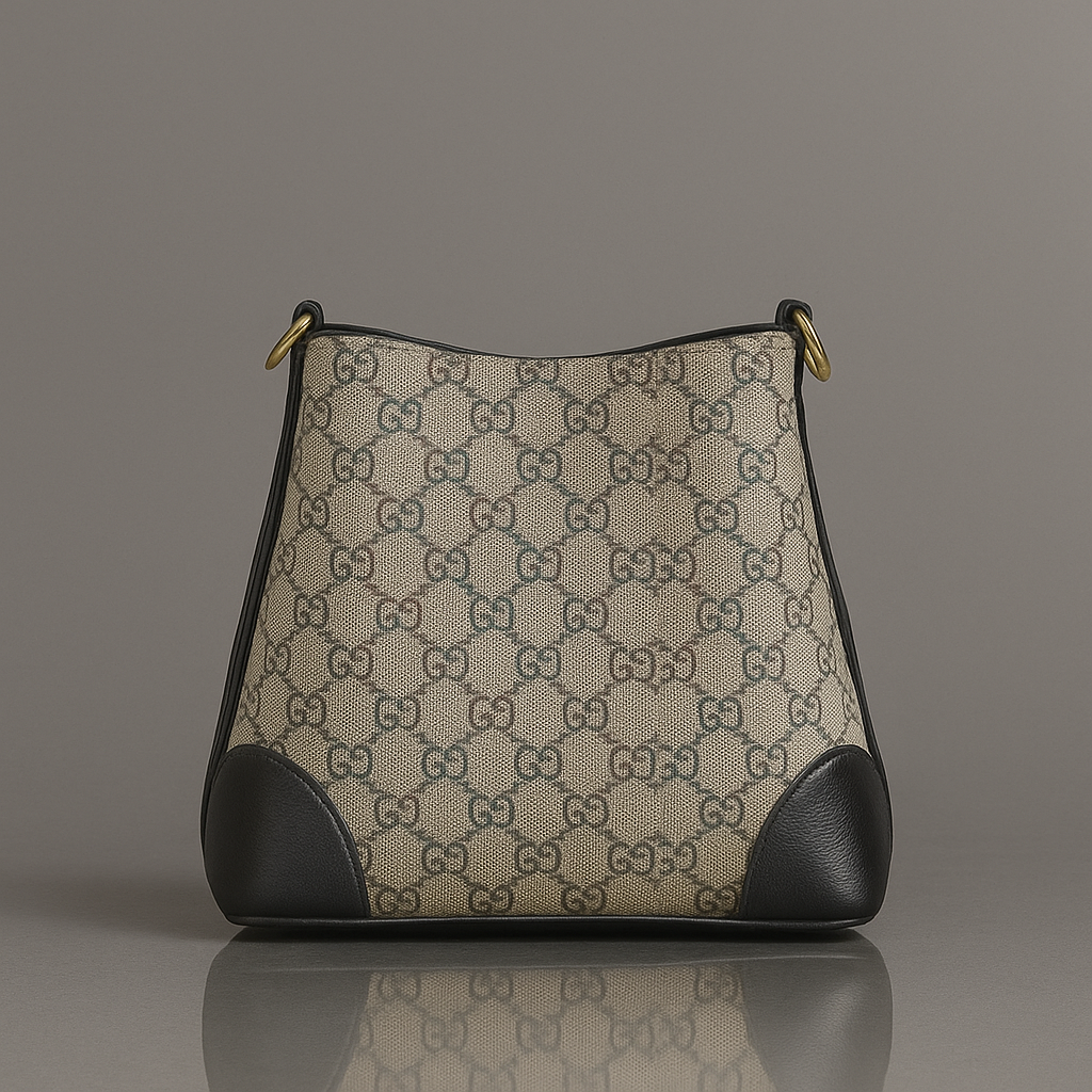 Designer handbag with recognizable pattern on a reflective surface
