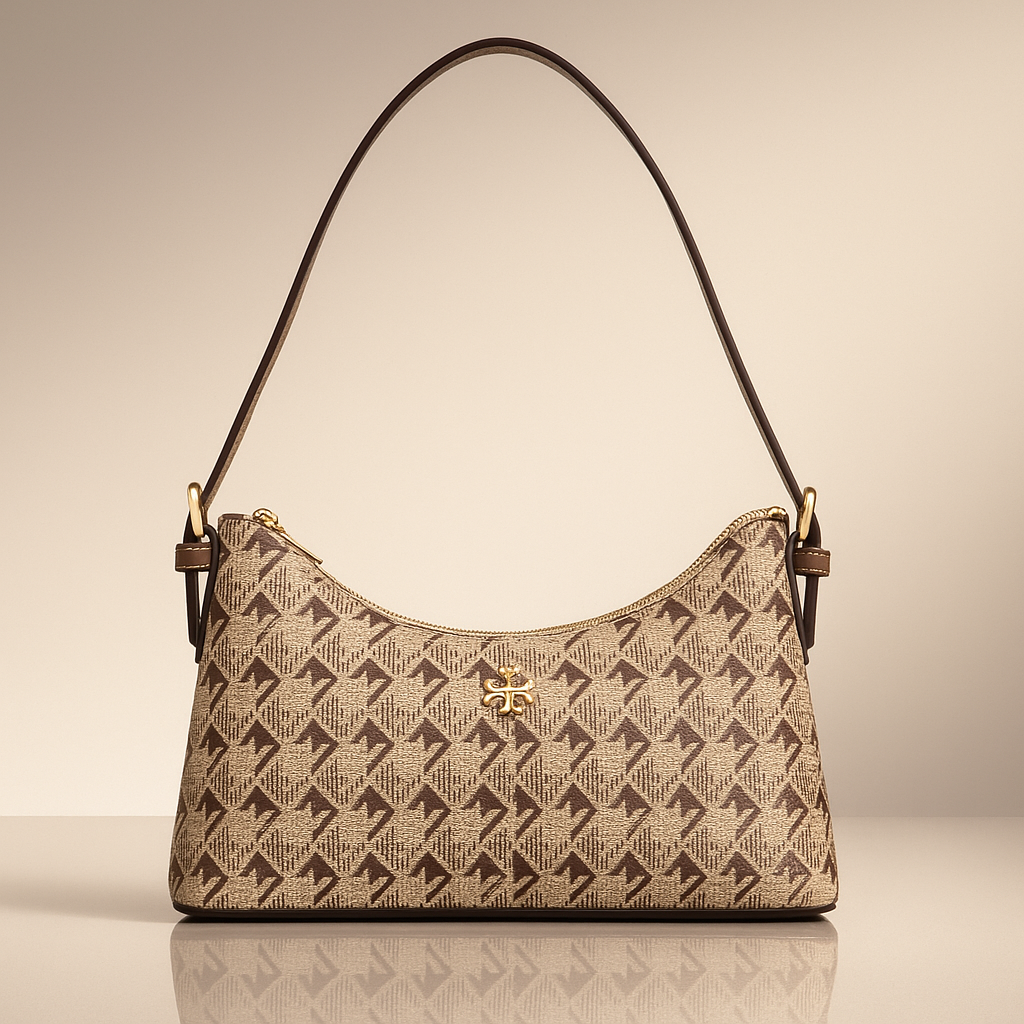 Patterned handbag with a gold clasp on a beige background- valentino impex