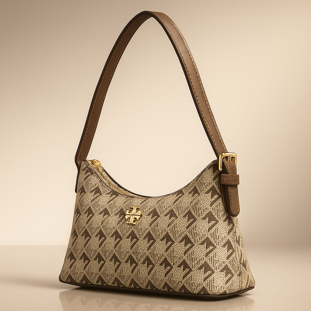 Patterned handbag with brown strap on a beige background- valentino impex