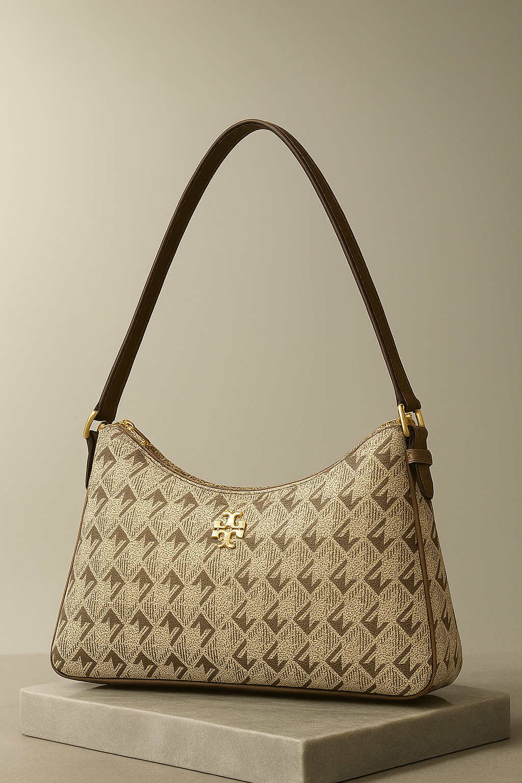 Beige handbag with brown handle on a beige background