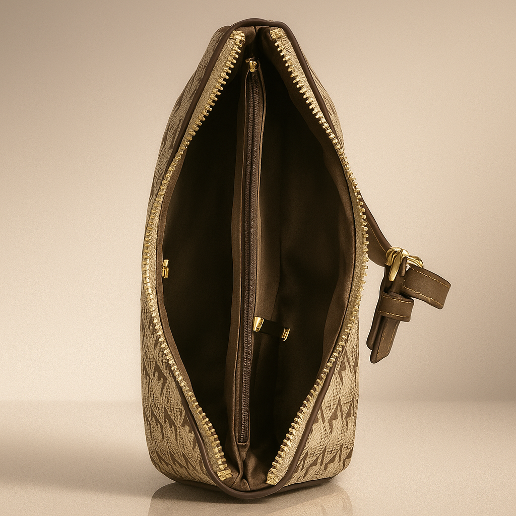 Open brown handbag with gold zipper on a beige background- valentino impex
