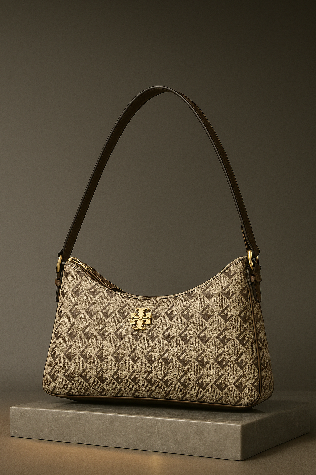 Beige handbag with a patterned design on a gray platform against a dark background- valentino impex
