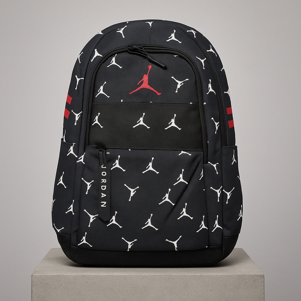 Black backpack with Jordan logo and pattern on a gray background