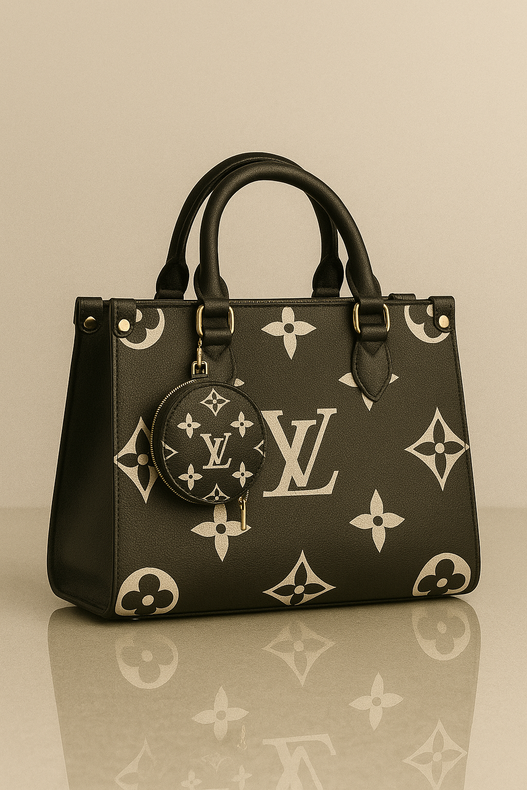 Black handbag with white pattern on a beige background- valentino impex