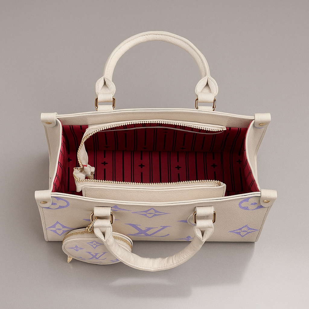 White handbag with gold accents on a gray background