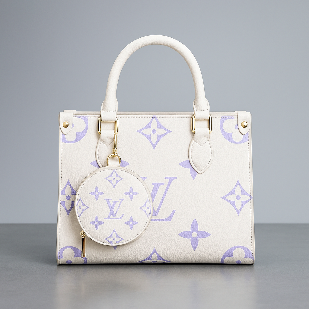White handbag with purple monogram pattern on a gray background