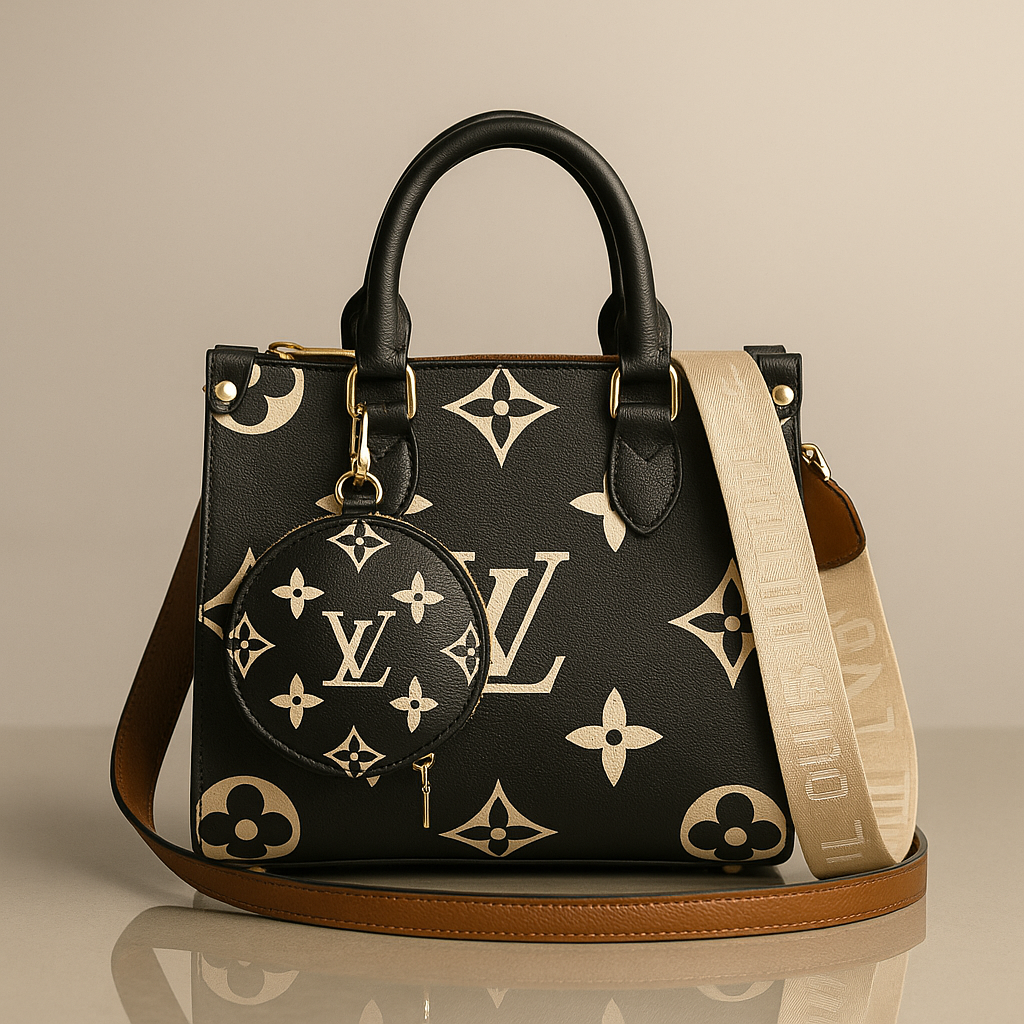 Designer handbag with monogram pattern on a beige background