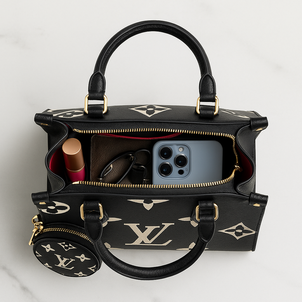 Black handbag with gold accents containing a phone, makeup, and other items on a light gray background