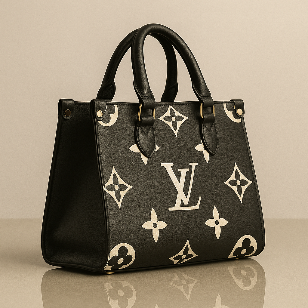 Black handbag with white monogram pattern on a beige background