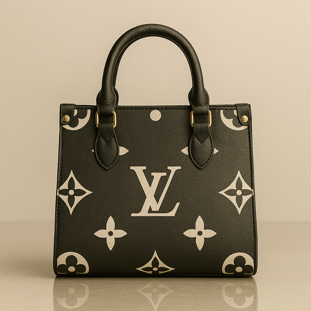 Designer handbag with monogram pattern on a beige background