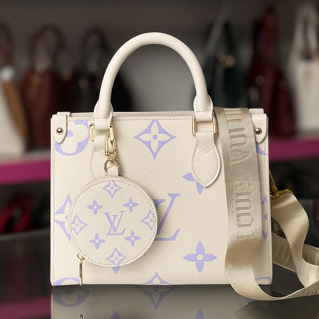 Beige handbag with monogram pattern and matching coin purse on a blurred background