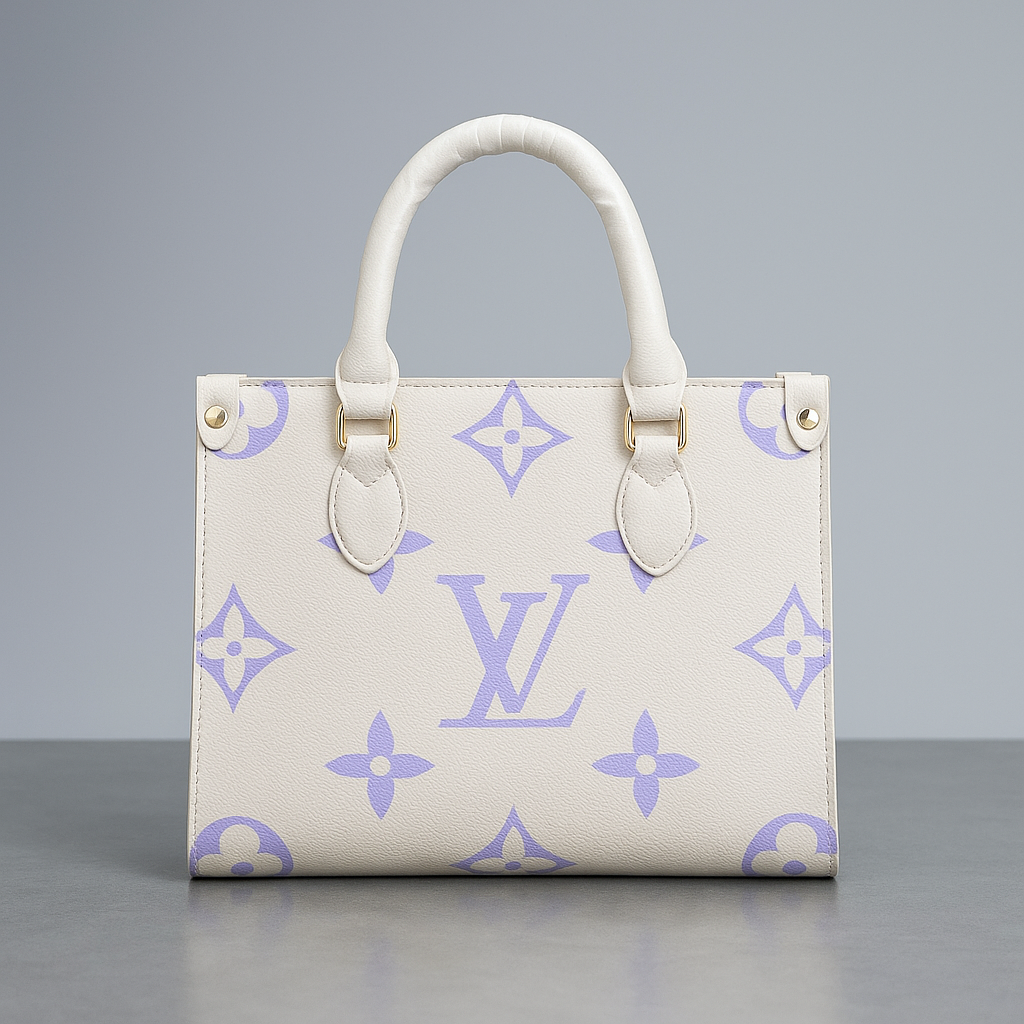 Designer handbag with a monogram pattern on a gray background