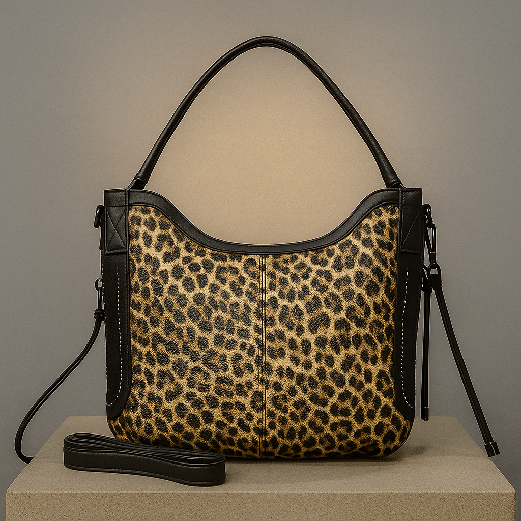 Leopard print handbag with black accents on a neutral background- valentino impex