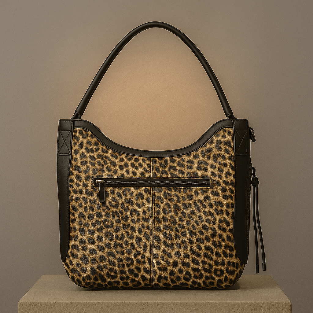 Leopard print handbag with black accents on a neutral background- valentino impex
