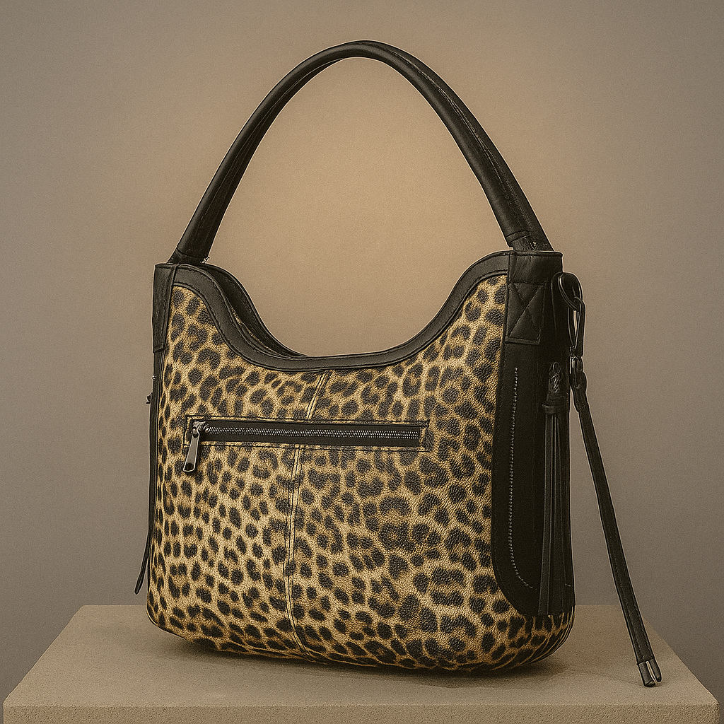 Leopard print handbag with black accents on a beige background- valentino impex